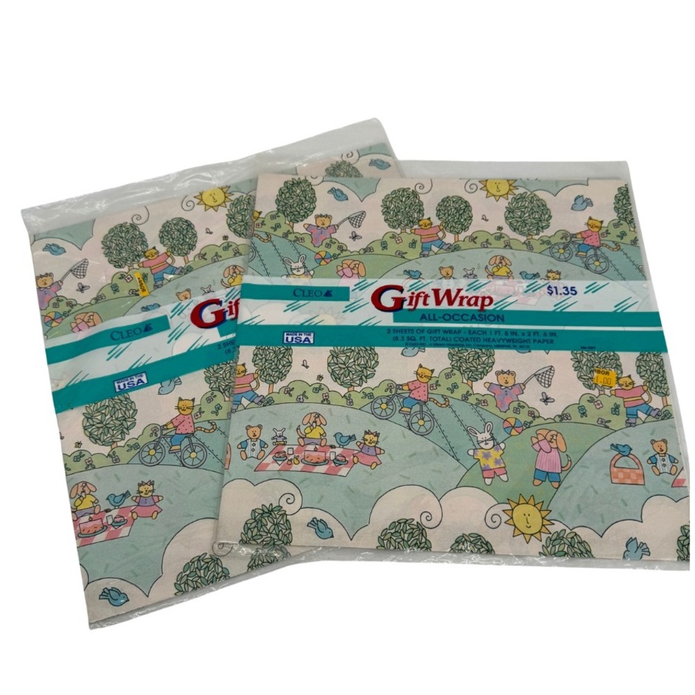 Cleo Gift Wrap Wrapping Paper Sheets Pastel Animal Kids Picnic VTG Lot of 2